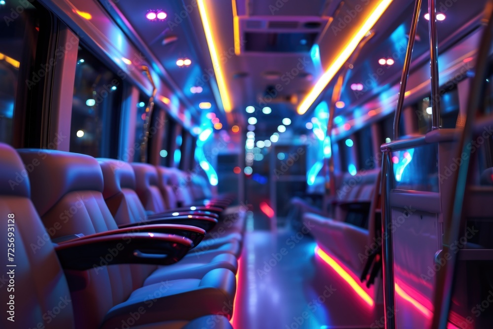 Poster a row of seats on a bus at night. can be used to illustrate public transportation or nighttime trave