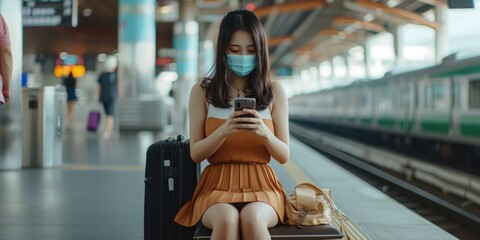 A woman is sitting on a bench with a suitcase and a cell phone. This image can be used to depict travel, waiting, or communication - obrazy, fototapety, plakaty