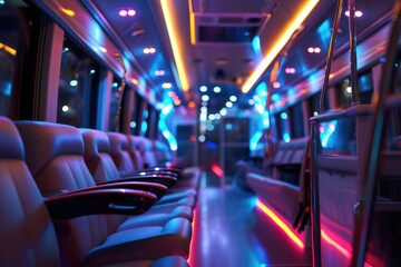 A row of seats on a bus at night. Can be used to illustrate public transportation or nighttime travel