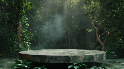 3d podium in green forest. Stone platform for cosmetic presentation. Mockup stage for product. Background for product. 