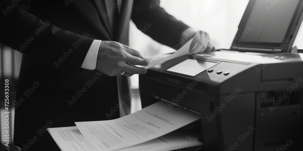 Poster A man in a suit is inserting a piece of paper into a printer. This image can be used to illustrate office work or printing tasks