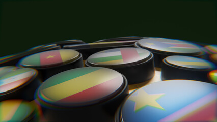 African Flags on golden wireframe globe 3d modeled scene