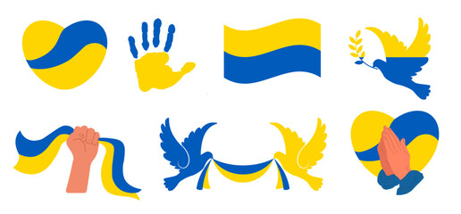 Love Ukraine, heart  national flag colored. Flag of Ukraine with heart shape and praying hands. Icons set  FLAT DESIGN COLLECTION - vector illustration