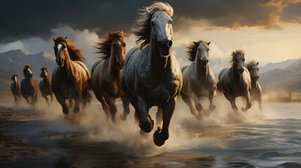 Herd of horses running on water