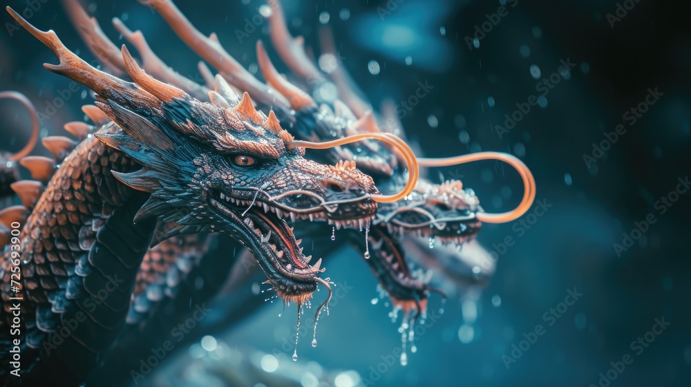 Poster a detailed view of a dragon statue in the rain. perfect for adding a touch of mystery and fantasy to