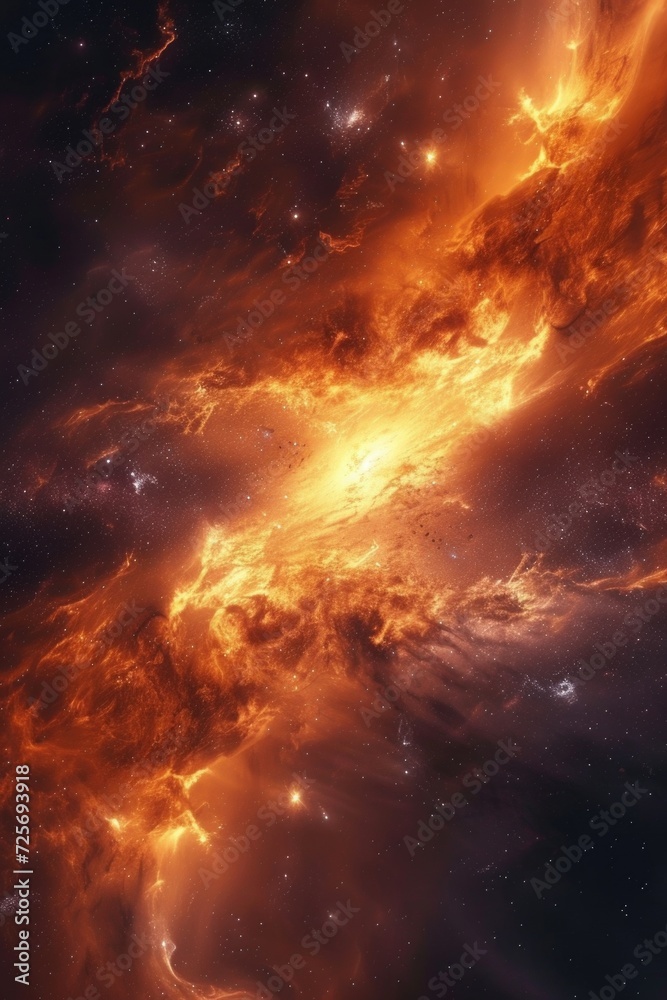 Poster A stunning image of a bright orange nebula with stars in the background. Perfect for adding a pop of color and cosmic beauty to any project