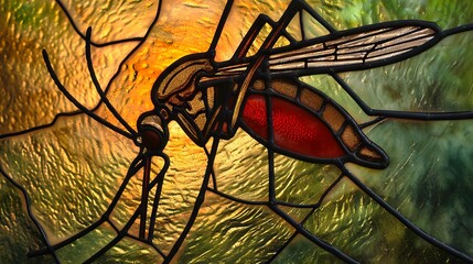 Stained glass image of a mosquito feeding on blood.