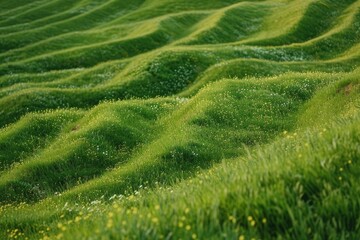 A vibrant field of green grass adorned with beautiful yellow flowers. Perfect for nature-themed designs and springtime promotions