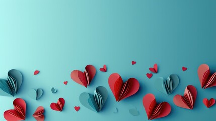 Paper composition in the shape of flying hearts on blue background