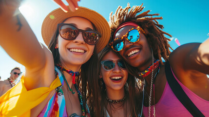 Group of friends taking selfie at music festival