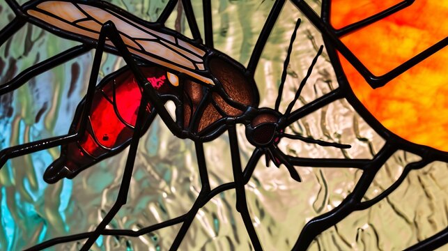Stained glass image of a mosquito feeding on blood.