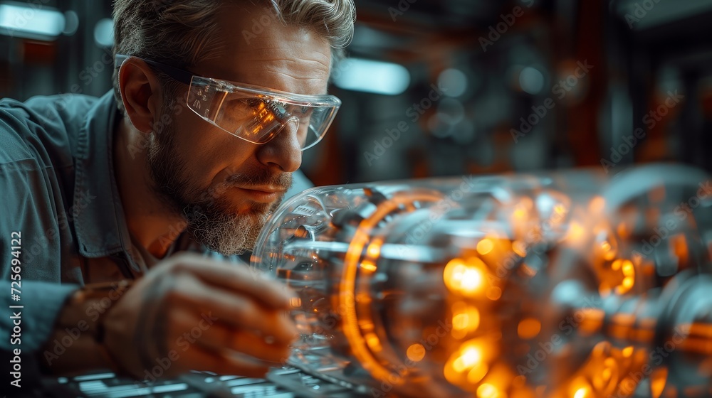 Poster industry: an engineer designs 3d engines, analyzes prototypes using an augmented reality hologram ta