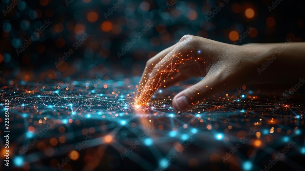 Aufkleber Introducing artificial intelligence in cyberspace of the future.Networking of digital neural networks. Businessman hand touching neural networks. Science and innovation of technology.
