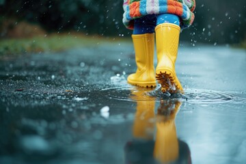 A person standing in a puddle wearing yellow rain boots. Suitable for outdoor activities and rainy day concepts