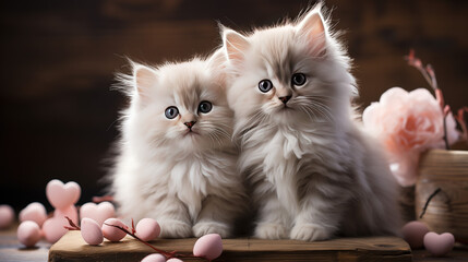 Two fluffy kittens sit next to each other among pink decorations.