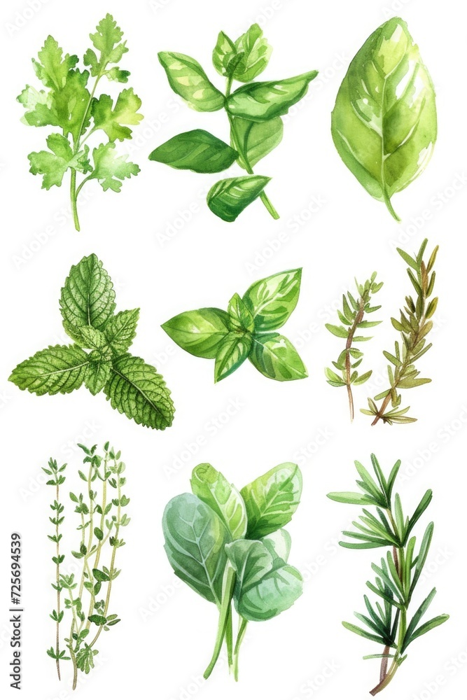 Poster a collection of various types of herbs displayed on a clean white background. this versatile image c
