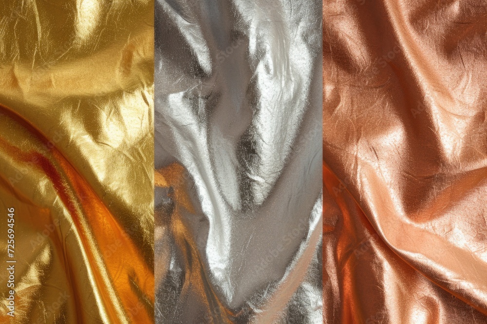 Poster A detailed close-up view of a fabric in gold and silver colors. Suitable for various design projects
