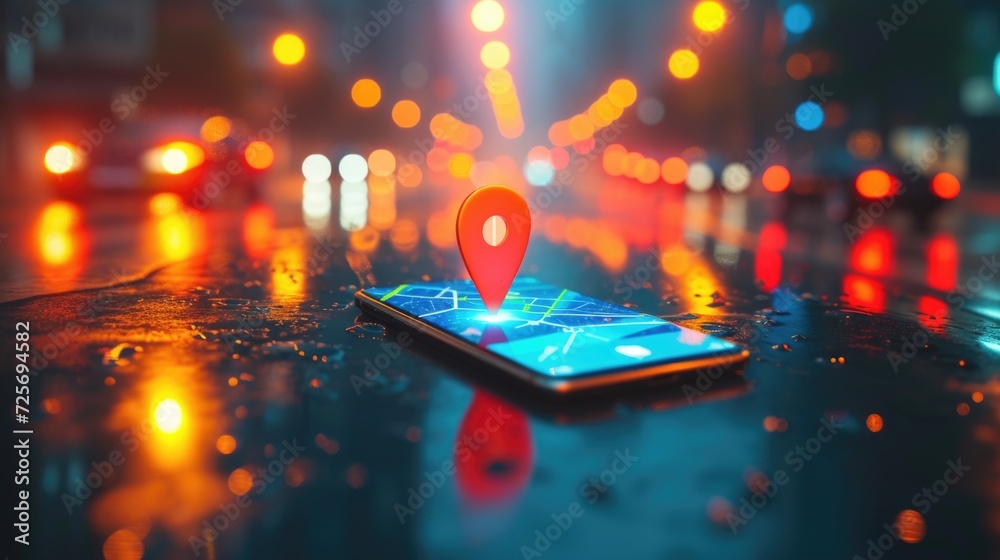 Poster A smart phone with a map pin on the screen, perfect for navigation and location-based applications