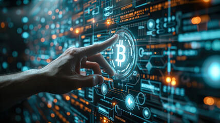 Close-up of a hand interacting with a futuristic digital interface representing Bitcoin cryptocurrency technology against a backdrop of complex data.