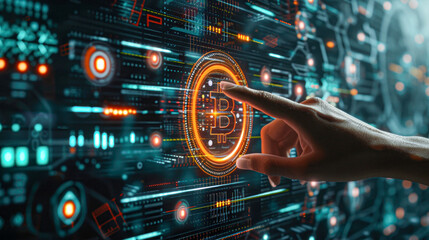 Close-up of a hand interacting with a futuristic digital interface representing Bitcoin cryptocurrency technology against a backdrop of complex data.