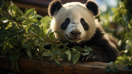 Giant panda bear. Panda peeks out from the leaves
