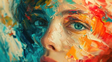 Close-up of a woman's face with vibrant and colorful paint. Perfect for artistic projects and creative expressions