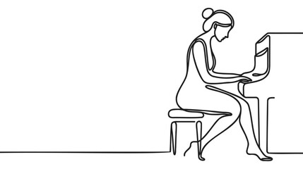 Single one line drawing woman plays piano. Female performer sits at musical instrument and plays