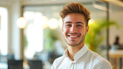 Radiant young professional with a beaming smile, standing in a sunny, modern office setting, exemplifying positivity and confidence.