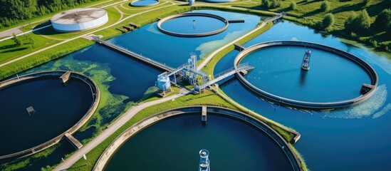 Water purification in modern urban wastewater treatment plants involves the removal of unwanted chemicals from the aerial perspective.