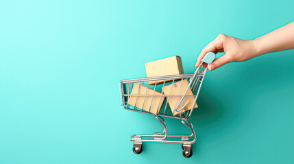 A person's hand holding a mini shopping cart filled with parcels against a turquoise background, representing online shopping and delivery.