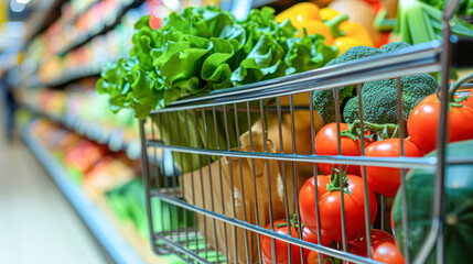 Close-up of a shopping cart loaded with fresh vegetables including lettuce, tomatoes, and broccoli in a grocery store aisle.