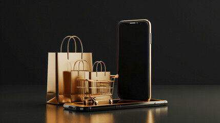 Online Shopping Concept with Smartphone and Bags.A conceptual image of online shopping with a large smartphone, miniature shopping cart, and paper bags on a dark background.