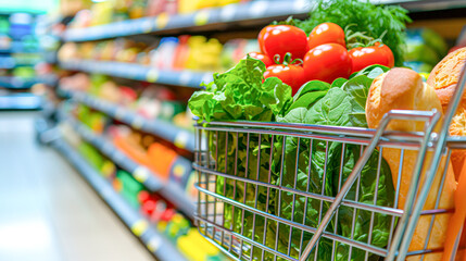 Close-up of a shopping cart loaded with fresh vegetables including lettuce, tomatoes, and broccoli in a grocery store aisle.