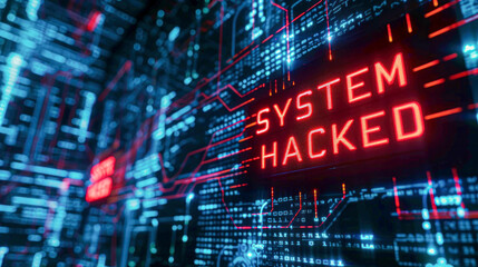 Cybersecurity Breach Alert with "System Hacked" Sign.A digital interface with glowing lines of code and a prominent "System Hacked" warning, highlighting a cybersecurity breach incident.
