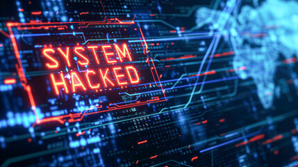 Cybersecurity Breach Alert with "System Hacked" Sign.A digital interface with glowing lines of code and a prominent "System Hacked" warning, highlighting a cybersecurity breach incident.