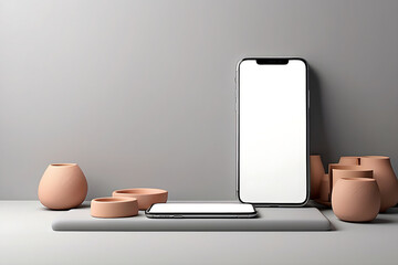 Blank and white iPhone clay mockup with objects background, Realistic 3D and High-Quality Render