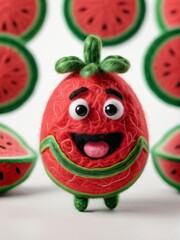 Fototapeta premium Photo Of A Needle-Felted Cartoon Watermelon Character Isolated On A White Background