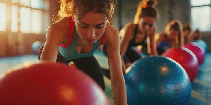 Women in a group are doing push ups on exercise balls. This image can be used to illustrate fitness, group exercise, strength training, or women's health
