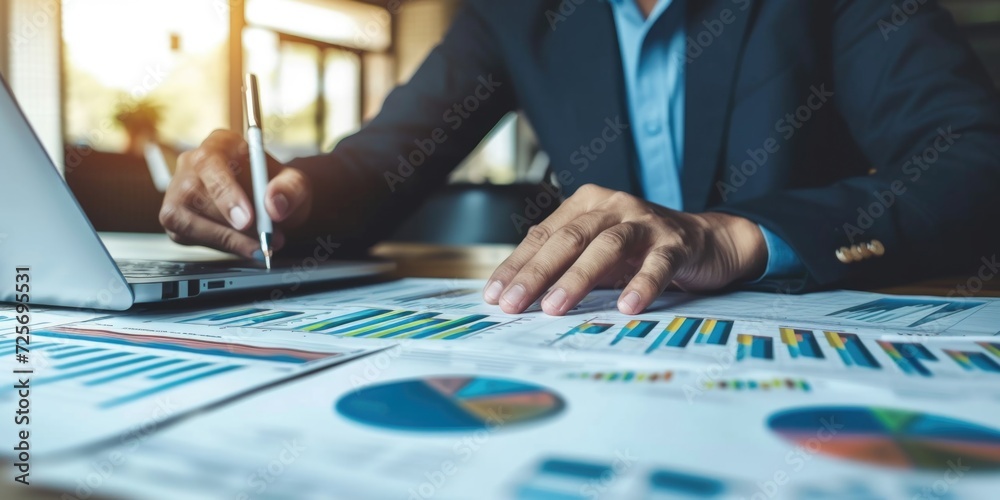 Poster a man in a business suit working on a laptop. suitable for business and technology-related projects