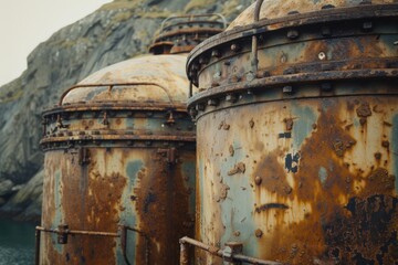 Rusty barrels sitting next to a body of water. Perfect for industrial, environmental, or recycling concepts