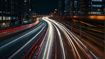 Fototapeta na wymiar Cars lights on the road of modern city at night time. Timelapse, hyperlapse of transportation. Motion blur, light trails, abstract soft glowing lines