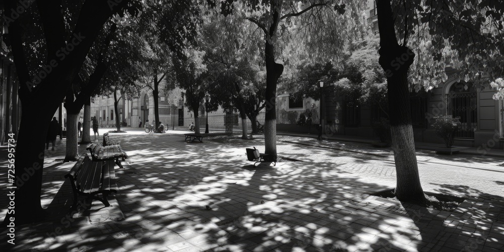 Aufkleber a black and white photo of a park with benches and trees. ideal for use in nature-themed designs or 