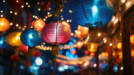 Colorful paper lanterns filling up a vibrant street. Perfect for festive decorations or cultural celebrations - obrazy, fototapety, plakaty