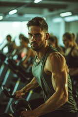 Fototapeta premium A man is seen on a stationary bike in a gym. This image can be used to depict fitness, exercise, and a healthy lifestyle