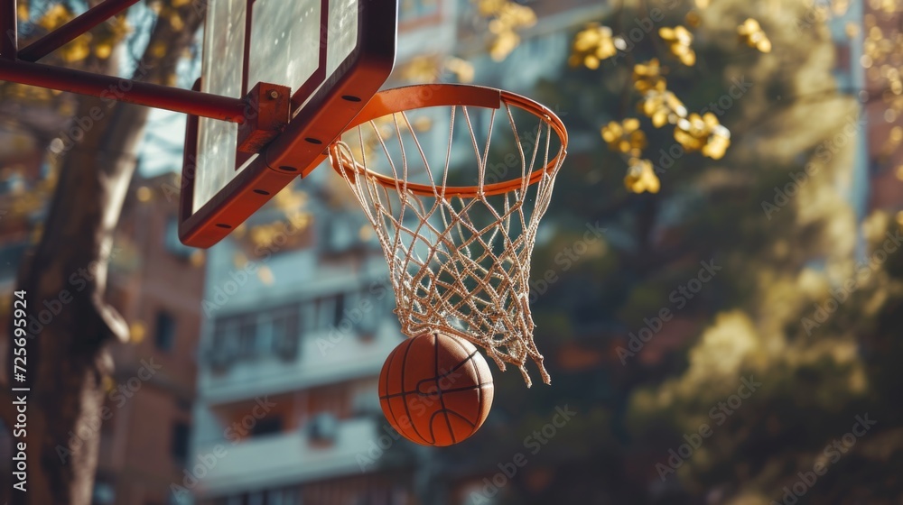 Poster a basketball successfully goes through the net of a basketball hoop. ideal for sports-related design