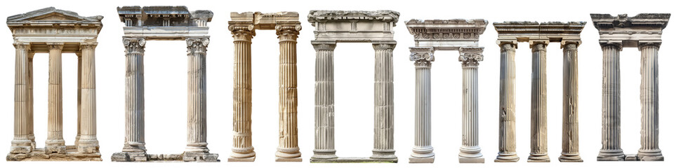 Classic antique marble column set. white doric column. ancient greek pillar. isolated on white background or transparent background - obrazy, fototapety, plakaty