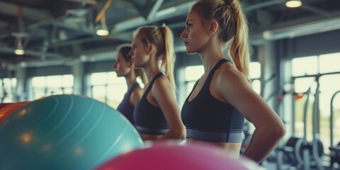 Women standing together in a gym. Suitable for fitness and workout-related concepts
