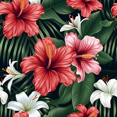 Red and White Floral Beauty Seamless Pattern with Various Blooms in a Garden-inspired Design