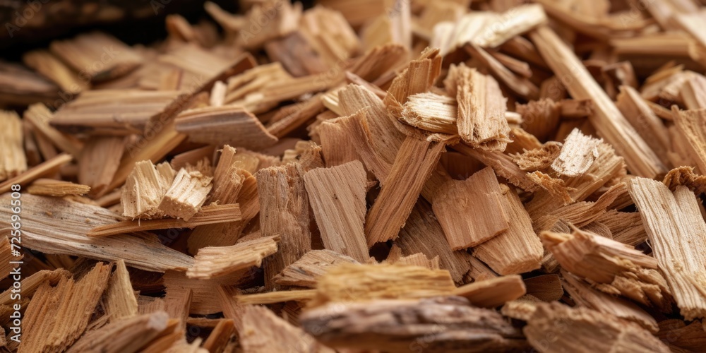 Poster a close up view of a pile of wood chips. perfect for use in landscaping or construction projects