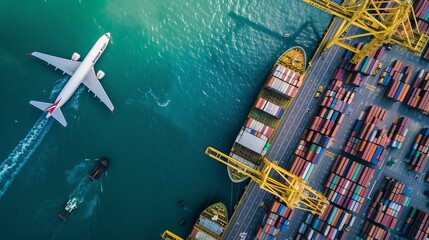 Container ship and transport aircraft in export and import business and logistics. Shipping cargo to harbor by crane. Water transport International. Aerial view and top view.